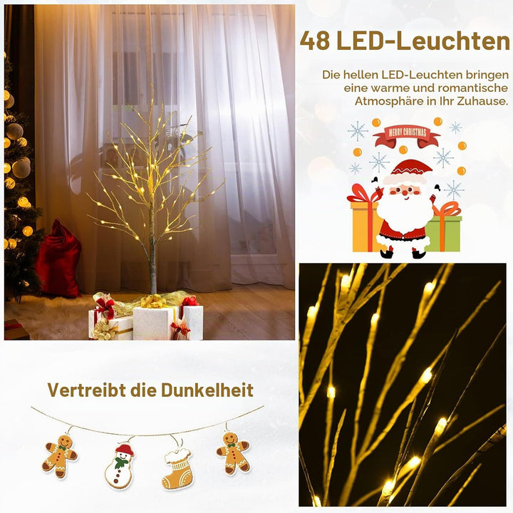 RELAX4LIFE Weisser Weihnachtsbaum Künstlich 120cm, LED Lichtbaum Birkenoptik, Christbaum mit 48 warm