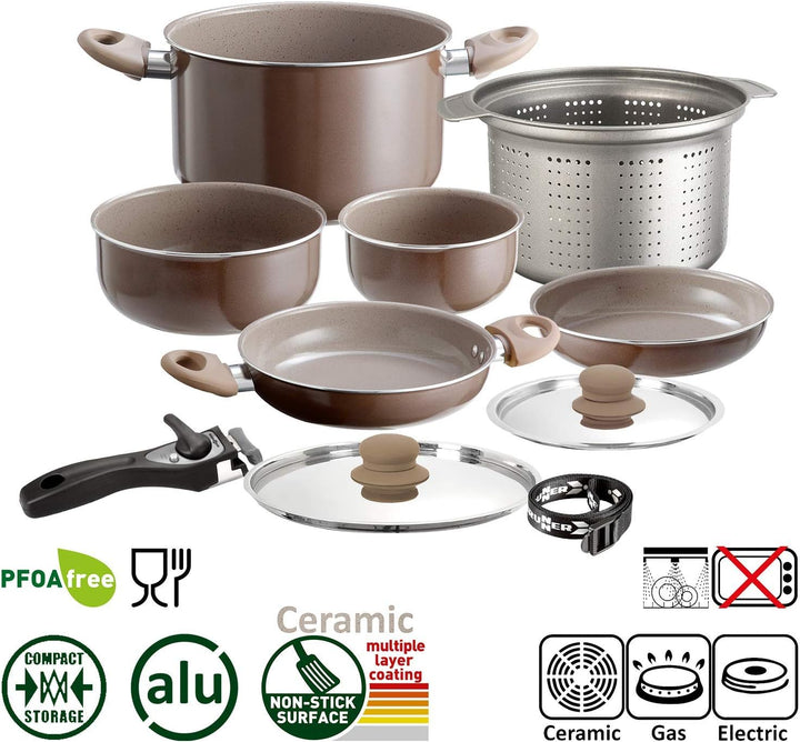 BRUNNER: Camping Kochgeschirr-Set Keramik (Töpfe und Pfannen) – ø 20 oder 22-cm Chocolate - 4 Person