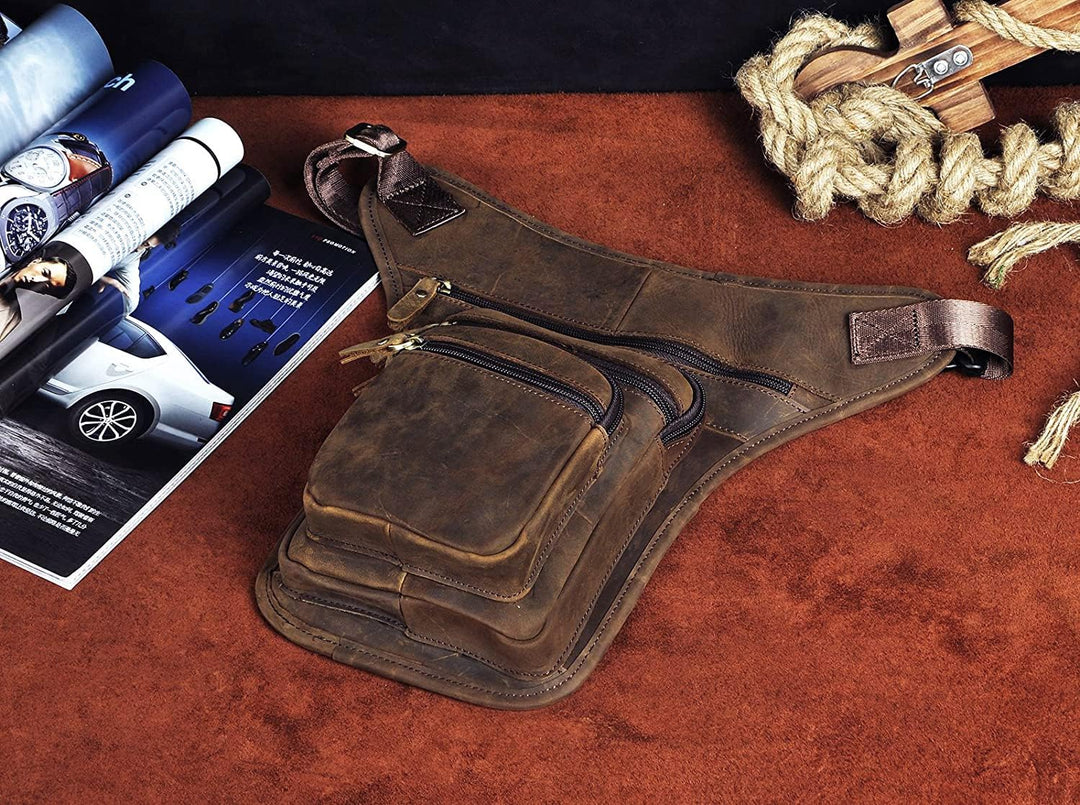 Le'aokuu Herren Echtes Leder Motorrad Taktik Gürtel Hüfttasche Drop Leg Cross Over Bag