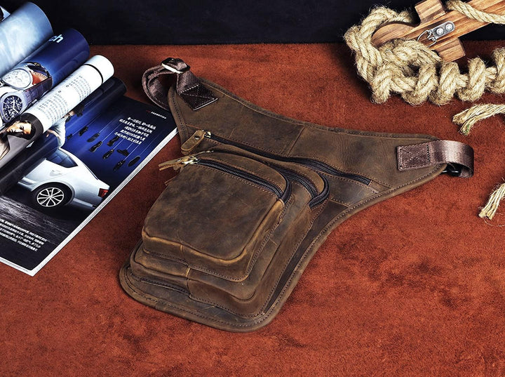 Le'aokuu Herren Echtes Leder Motorrad Taktik Gürtel Hüfttasche Drop Leg Cross Over Bag