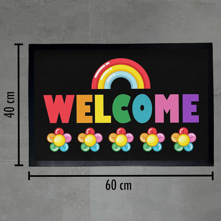 Trendation - Welcome Fussmatte Regenbogen Muster Willkommen Geschenk Aussen Innenbereich 60x40 cm Sc