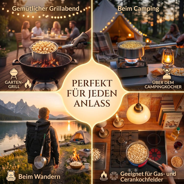 Premium Edelstahl Popcorn Maker | Lagerfeuer &amp; Grill | Teleskopgriff