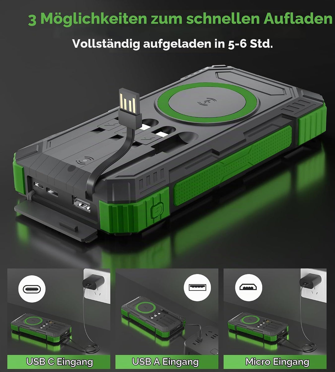 56800mAh Solar Powerbank, Wireless Power Bank gross mit 4 Kabeln, 30W PD Schnellladefunktion, 6 Ausg