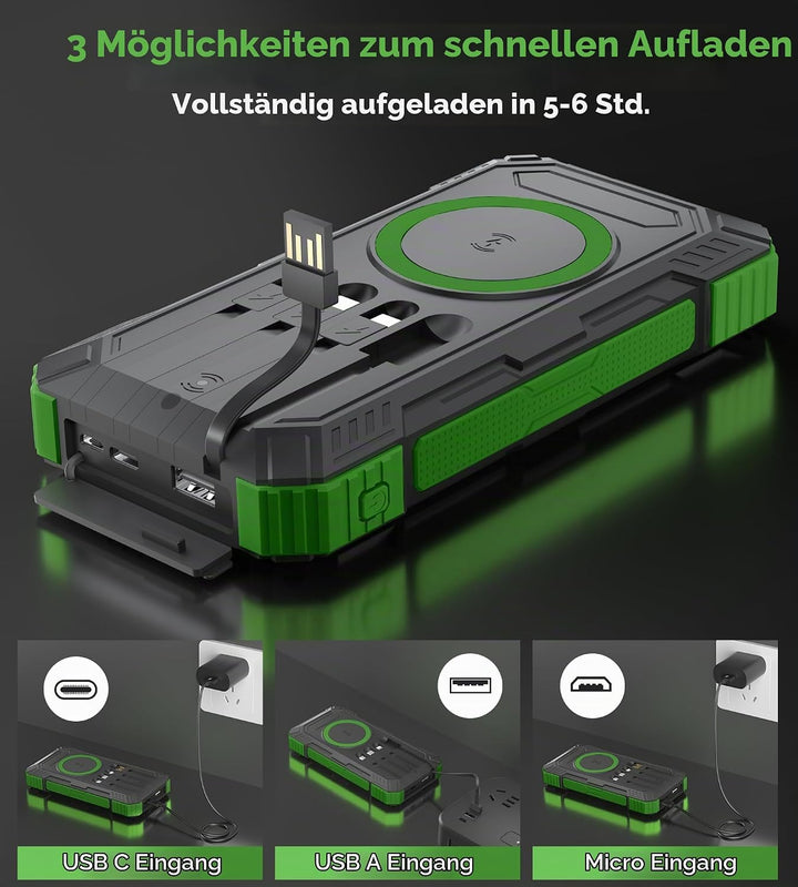 56800mAh Solar Powerbank, Wireless Power Bank gross mit 4 Kabeln, 30W PD Schnellladefunktion, 6 Ausg