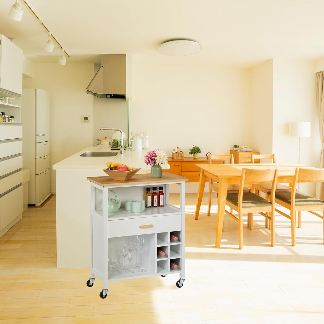 Relaxdays Küchenwagen, Weinregal 6 Flaschen, Schublade, 2 Fächer, 80x65x35 cm, Bambus Arbeitsplatte,