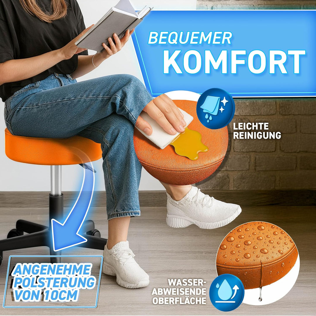 TRESKO® Rollhocker mit Lehne höhenverstellbar 10cm Dicke Polsterung Drehbar | Hocker 46-58cm | Arbei