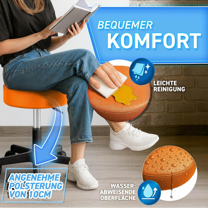 TRESKO® Rollhocker mit Lehne höhenverstellbar 10cm Dicke Polsterung Drehbar | Hocker 46-58cm | Arbei