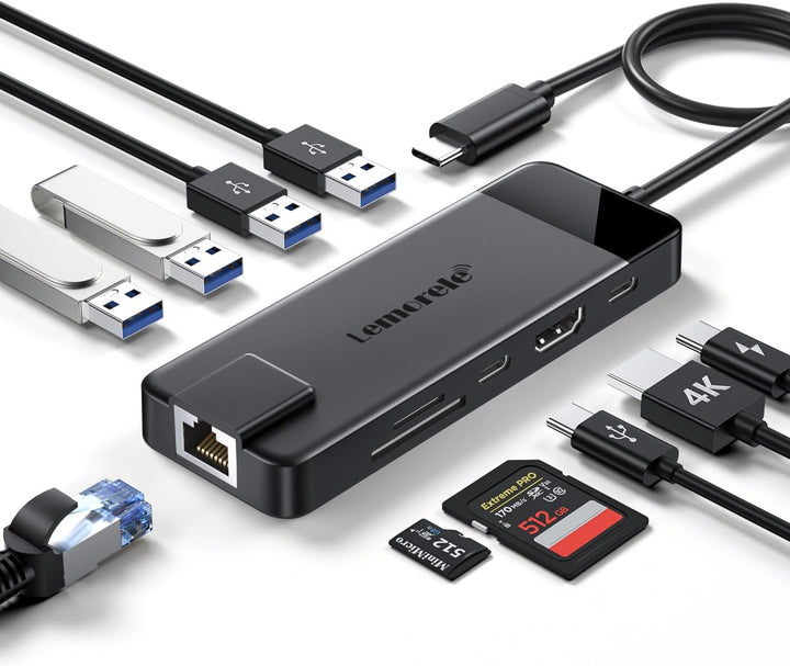 USB C HUB, Lemorele Docking Station 10-in-1 USB C Adapter mit 4K-HDMI, 4 USB 3.0/2.0, Gigabit Ethern