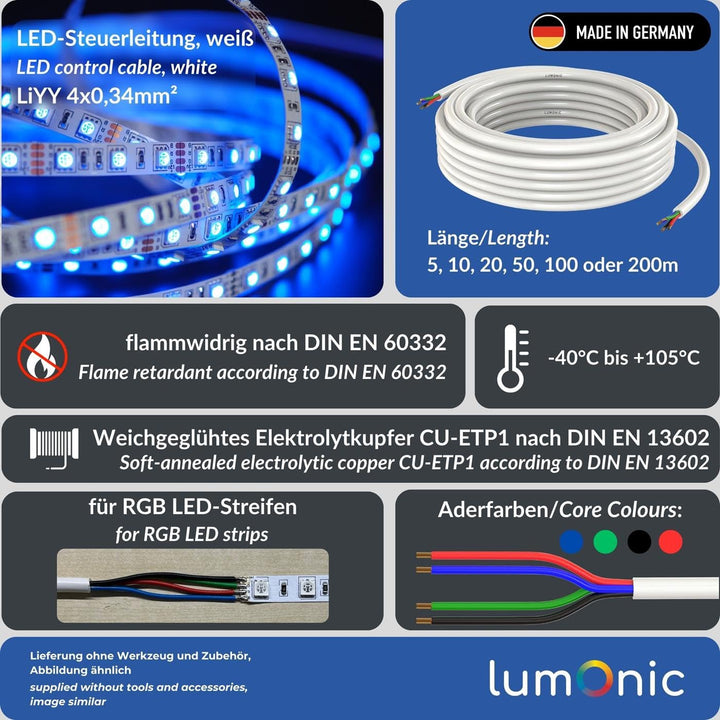 50m RGB LED Steuerleitung 4x 0,34mm² LiYY Verlängerung 4 adrig Stromkabel weiss 50m / 50 mètres Rgb