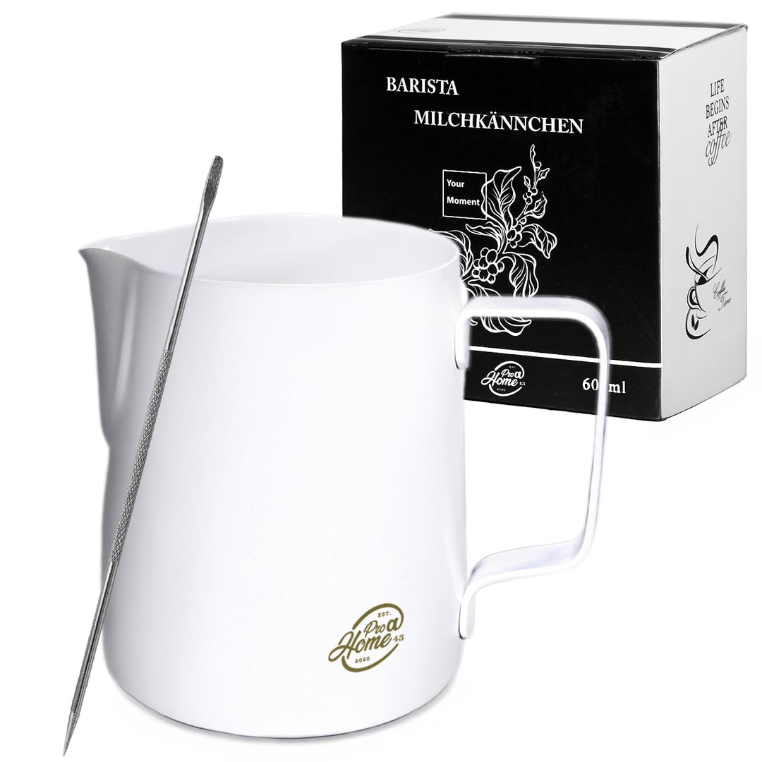 Pro@Home43 - Barista Milchkännchen Edelstahl weiss 600ml (auch 350ml) inkl. Latte Art Stift/Milchsch
