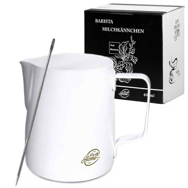 Pro@Home43 - Barista Milchkännchen Edelstahl weiss 600ml (auch 350ml) inkl. Latte Art Stift/Milchsch