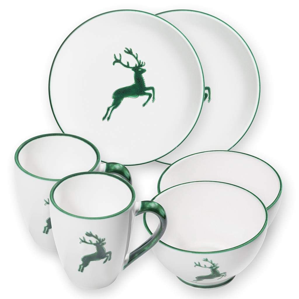 GMUNDNER KERAMIK Hüttenfrühstück Cup für 2 Geschirrset 6-teilig Grüner Hirsch Geschirr, handgemacht