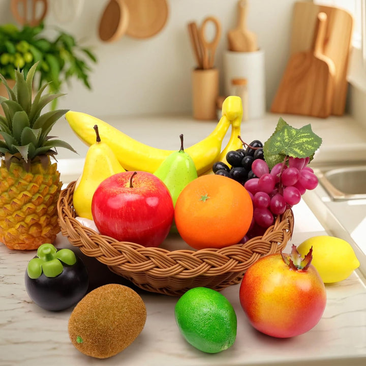 Meiwlong 13 PCS Künstliche Lebensecht Früchte Dekoration Haushalt Party Faux Kiefer Apfel Banane Tra