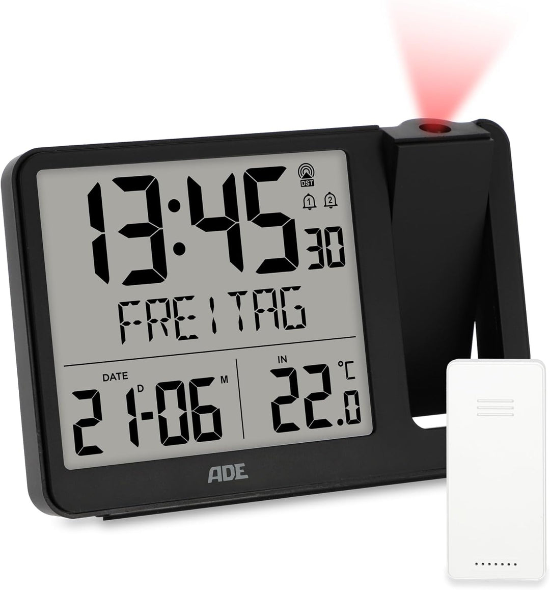 ADE Digitaler Funkwecker mit Projektion und Aussensensor | Projektionswecker mit 2 Weckzeiten| Uhr m