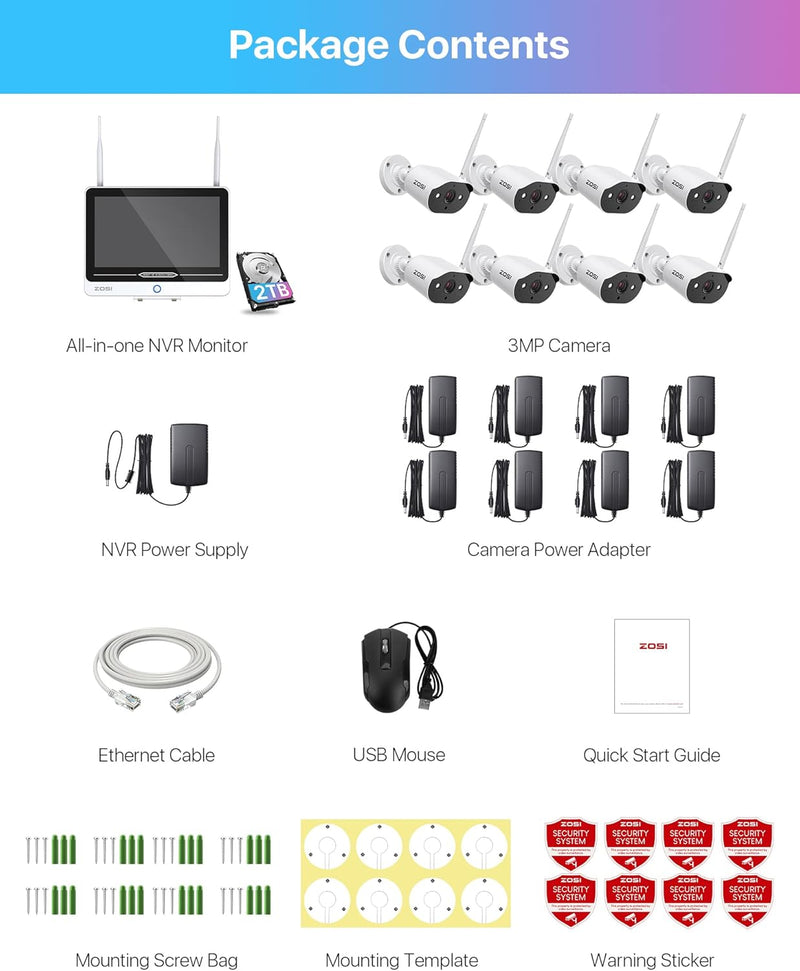 ZOSI Überwachungskamera Set Aussen WLAN mit 12.5" Monitor 8CH 2TB HDD NVR, 8X 3MP WiFi Überwachungsk