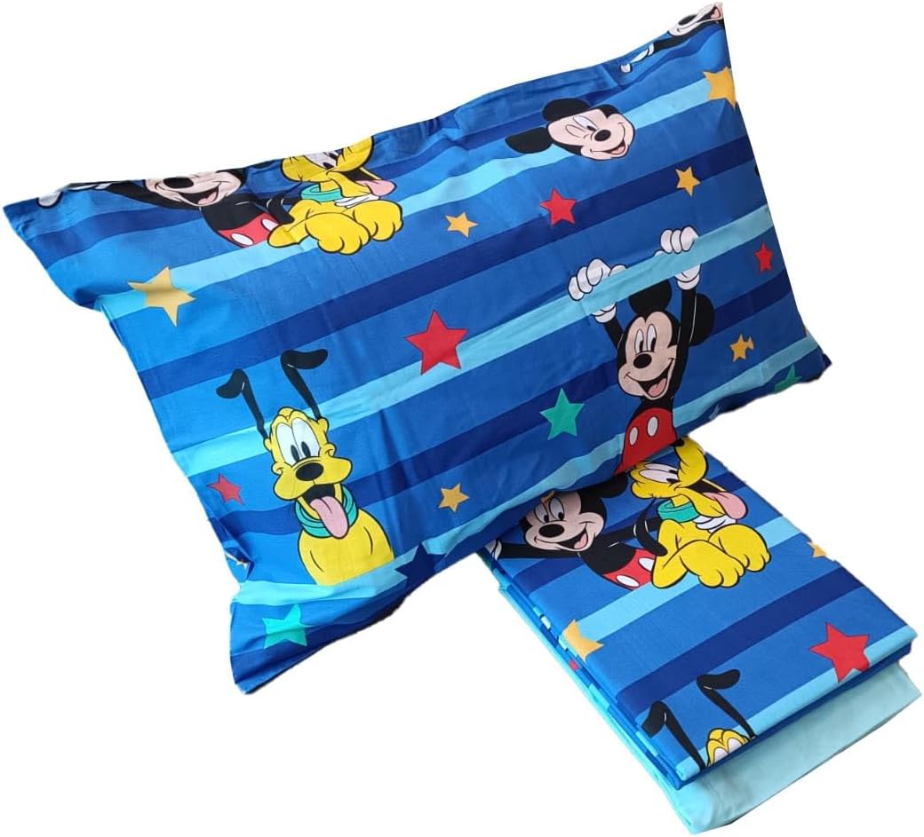 Mickey Mouse Mickey Mouse, Einzelbett-Bettlaken, Spannbettlaken, Kissenbezug, Blau, Disney, 100% Bau