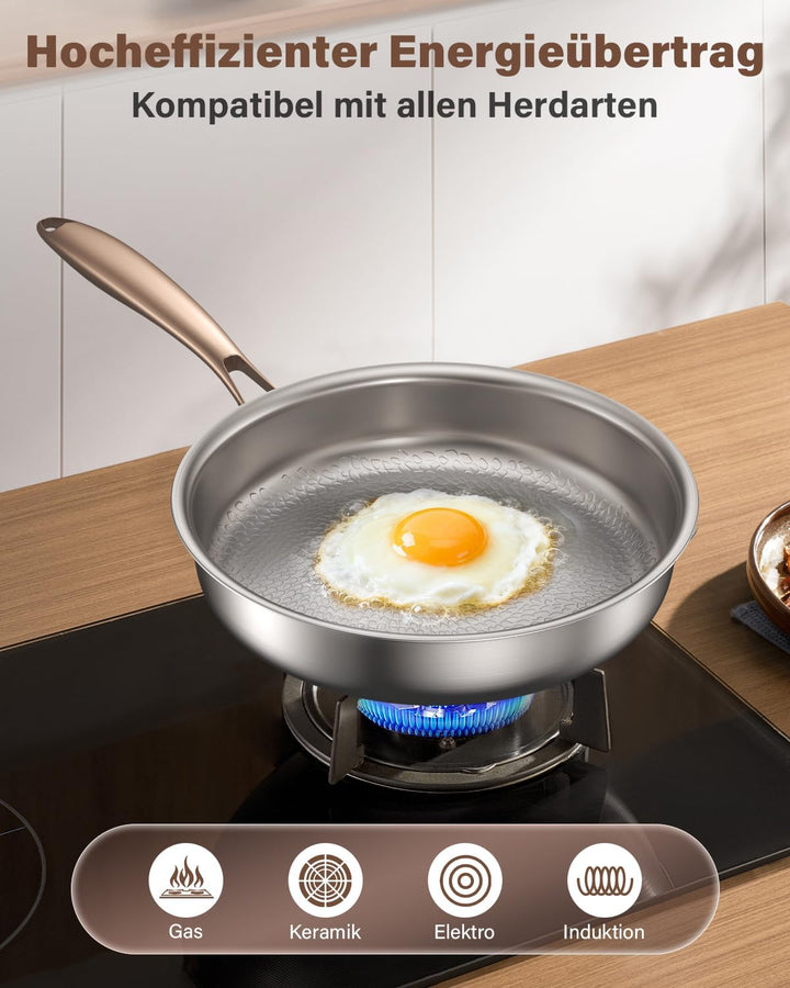 Edelstahlpfanne 28cm unbeschichtet, Titan Pfanne Induktion, 18/10 Edelstahl Bratpfanne mit Roségoldg