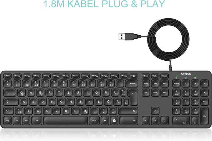 Arteck USB Kabelgebundene Tastatur Hintergrundbeleuchtung 7 Farben & Einstellbare Helligkeit Full Si