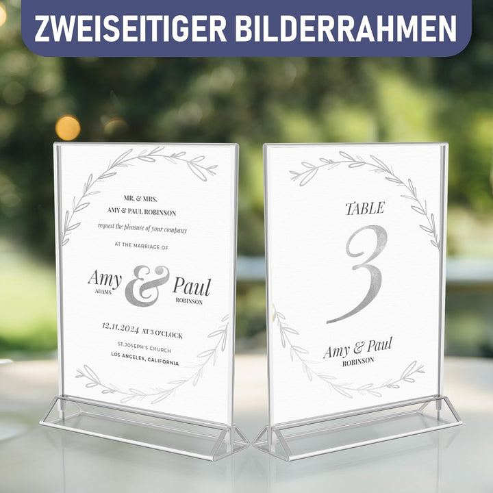 Silberne Bilderrahmen doppelseitig – 6 Stück – A4 Acryl Silber Tischnummernhalter, transparente Staf