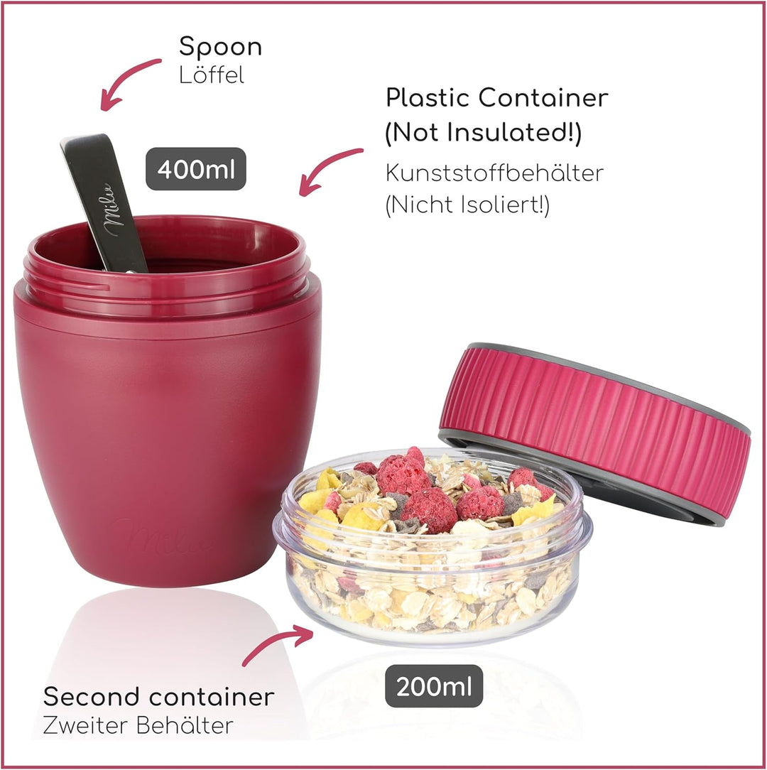 Milu Müslibecher to go 400ml MüsliMax Plastik Joghurtbecher für Müsli I auslaufsicherer Becher mit L