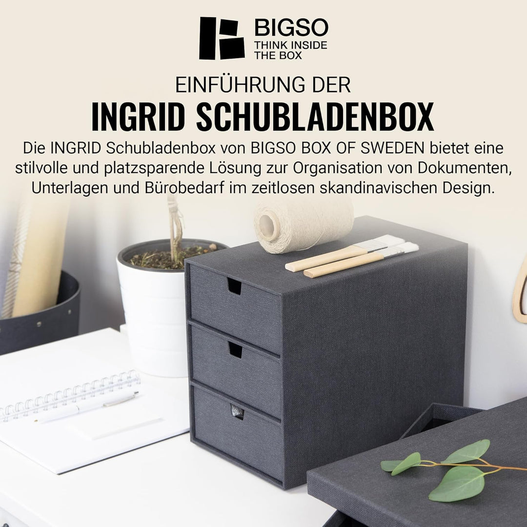 BIGSO BOX OF SWEDEN INGRID Schubladenbox für Dokumente und Bürobedarf – Schreibtisch Organizer mit 3