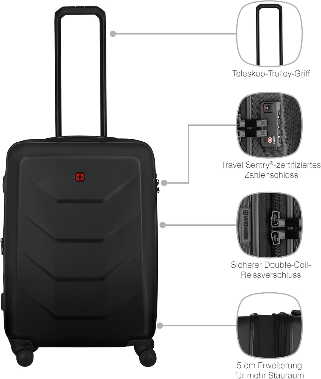 WENGER Prymo Medium Hartschalenkoffer mit 4 Rollen, Trolley, Mittelgross, 59 (67) l, Sicherheitsschl