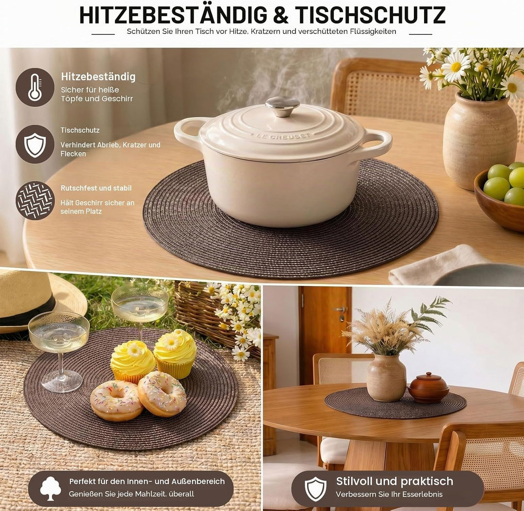FunWheat Runde geflochtene Tischsets Set mit 6 Tischsets für Esstische, gewebt, waschbar, rutschfest