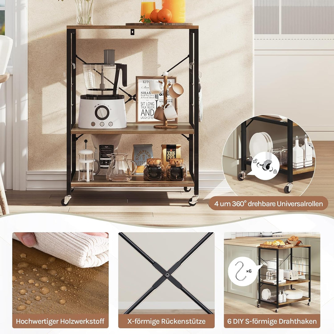 WOLTU Küchenregal auf Rollen, Mikrowellen-Regal mit 3 Ablagen & 4 Haken, dreistufiger Servierwagen m