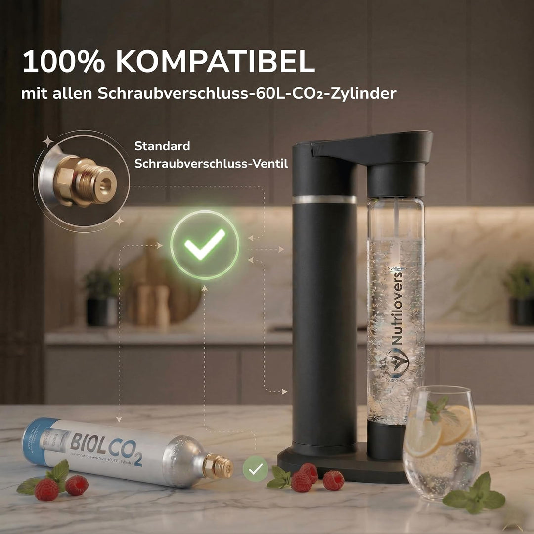 Nutrilovers Wassersprudler 2.0 Edelstahl, Designer Flasche (38 CM hoch), PET-Flasche, BPA-frei, pate