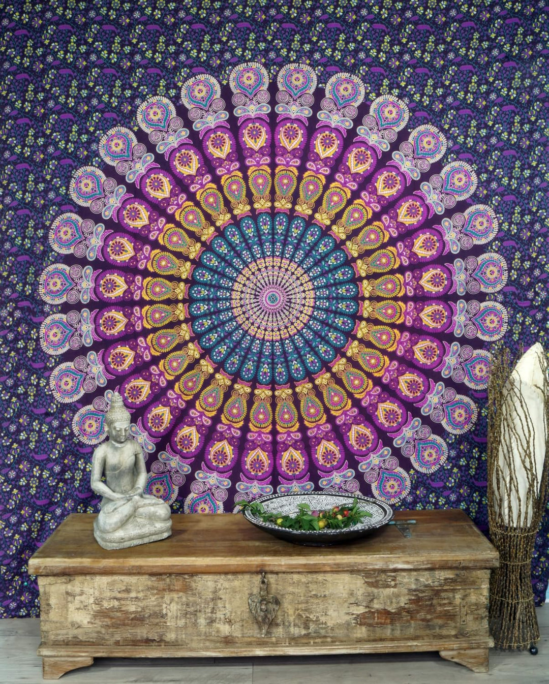 GURU SHOP Boho-Style Wandbehang, Indische Tagesdecke Mandala Druck- Blau/lila, Violett, Baumwolle, 2