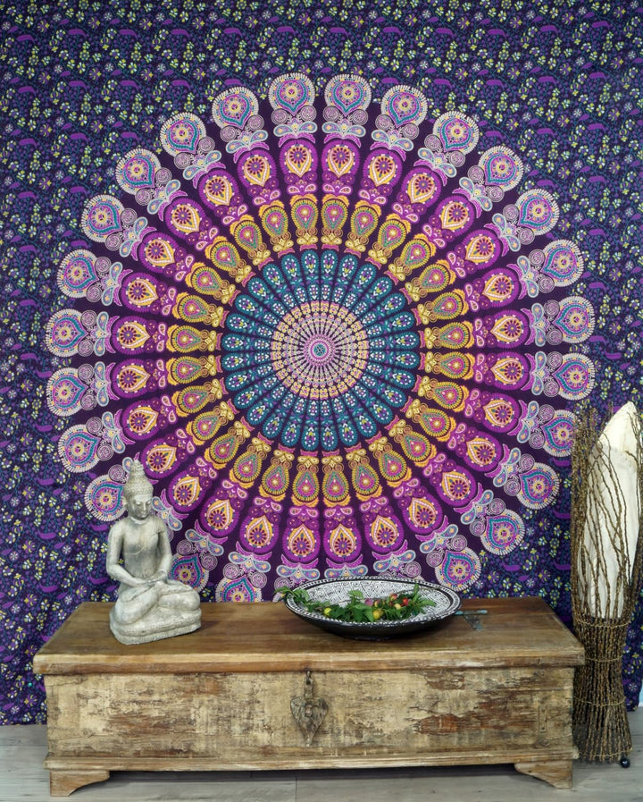 GURU SHOP Boho-Style Wandbehang, Indische Tagesdecke Mandala Druck- Blau/lila, Violett, Baumwolle, 2