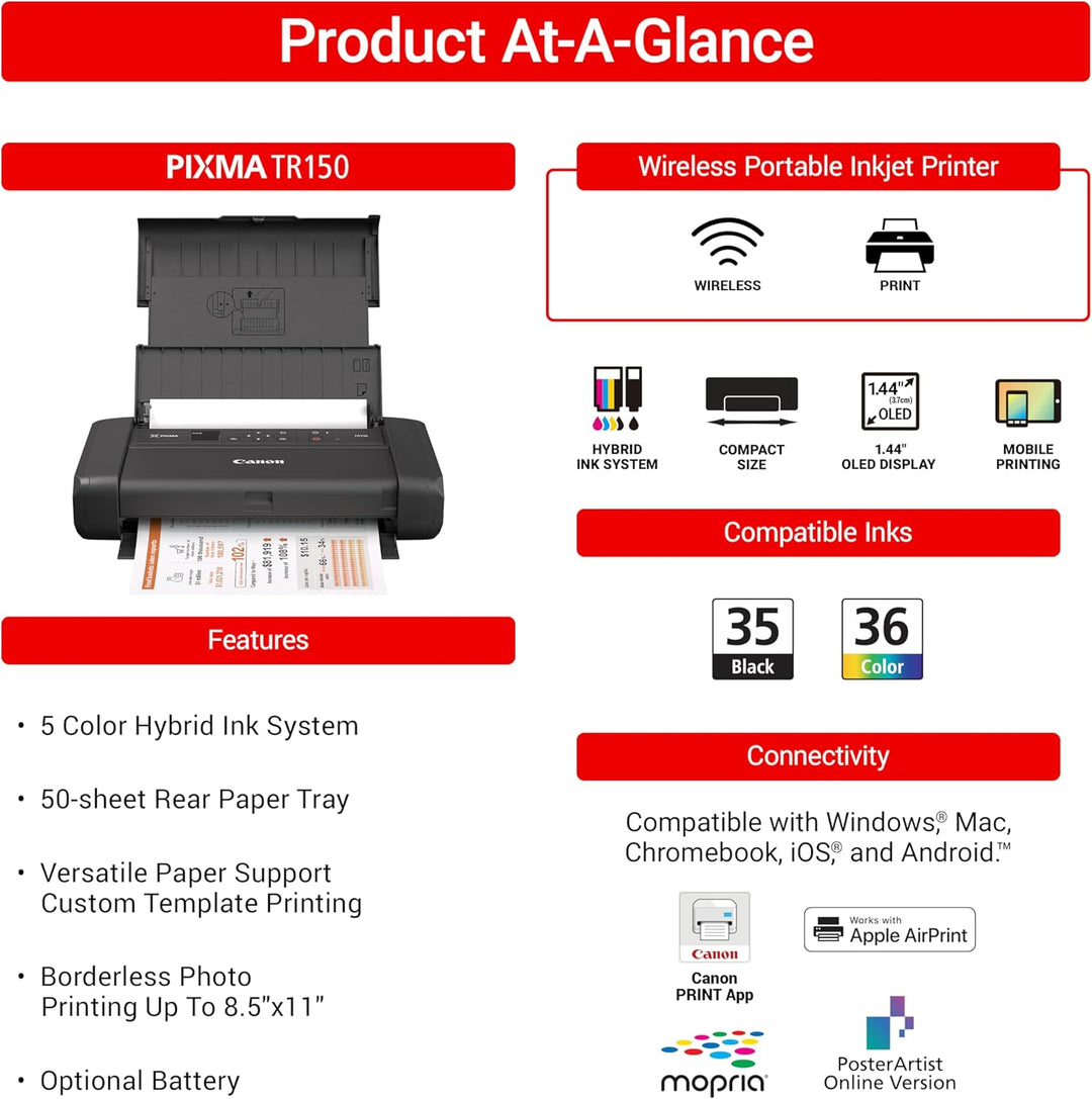 Canon PIXMA TR150 mobiler Drucker (WLAN, Cloud, AirPrint, 4.800 dpi x 1.200 dpi, Highspeed USB Typ C