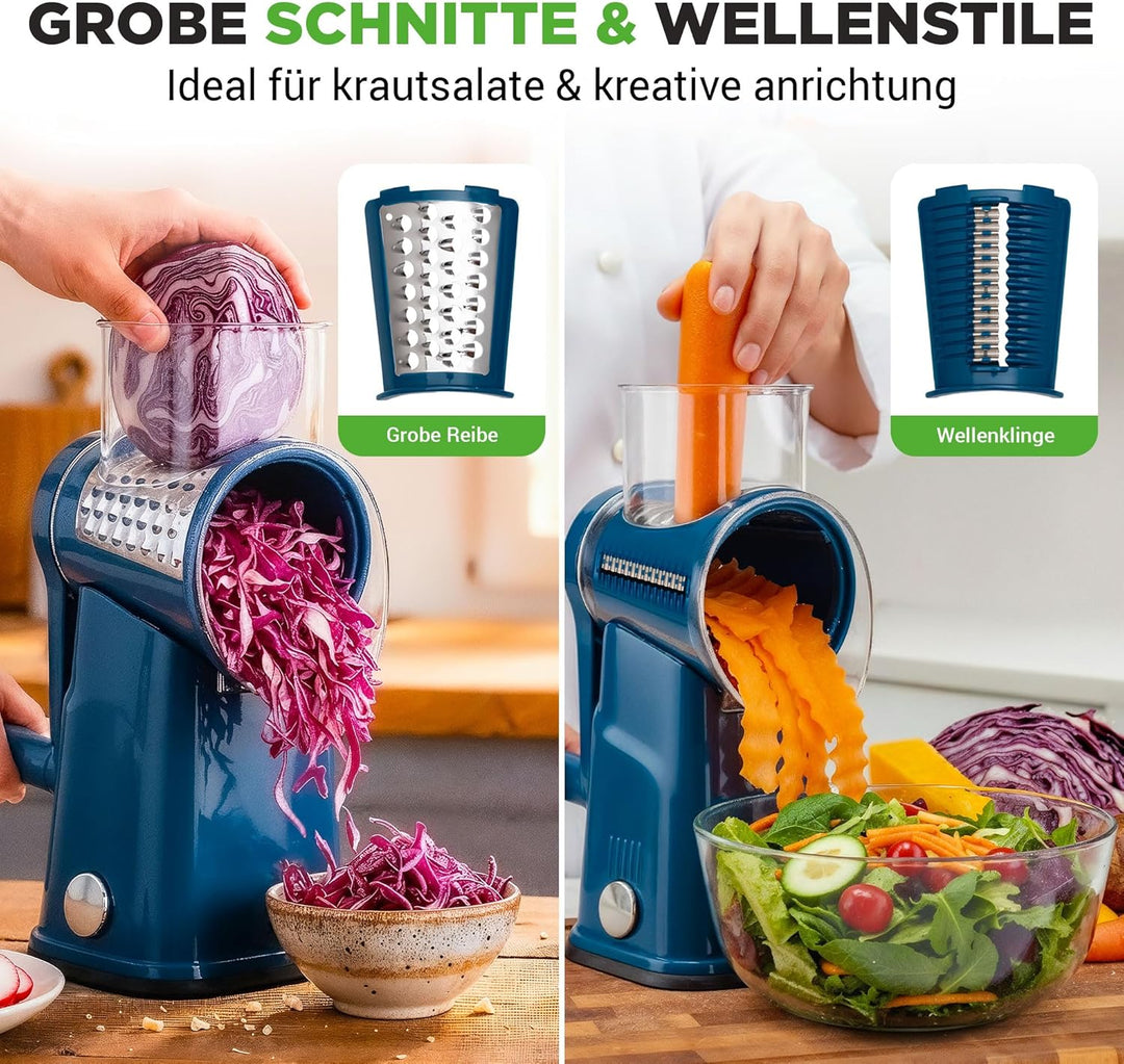 NutriChef Trommelreibe - mit Kurbel - Käsereibe inkl. 5 Trommelblättern - Ideal für Käse Gurken Karo