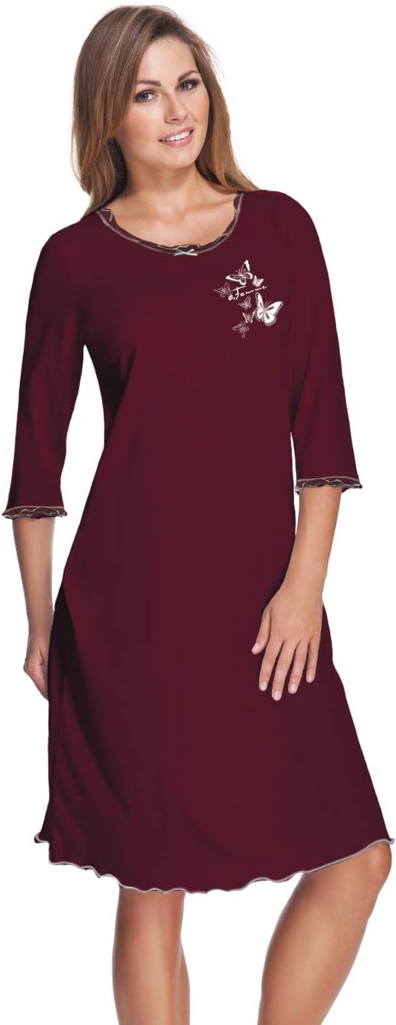 e.Femme® Damen Nachthemd 275 mit 3/4 Ärmeln, aus 50% Baumwolle und 50% Modal Bordeaux 48, Bordeaux 4