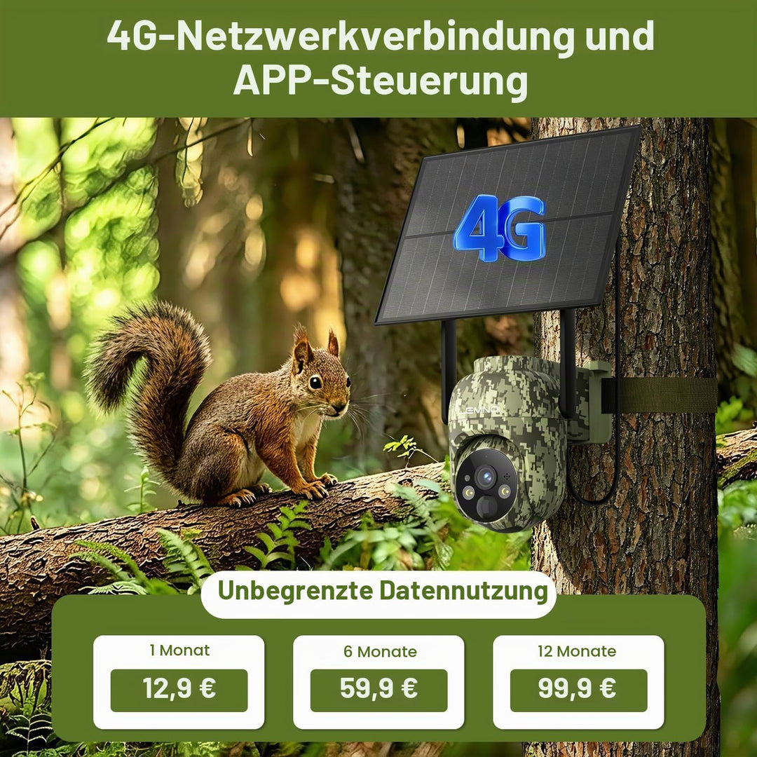 Lemnoi Solar Wildkamera Ohne WLAN, 4G LTE Überwachungskamera Aussen mit vorinstallierter SIM-Karte,