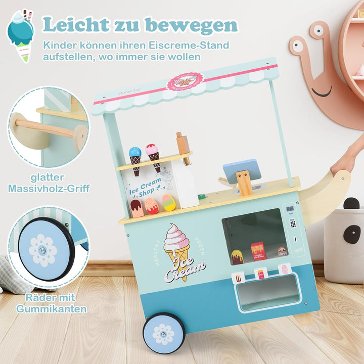DREAMADE Kinder Eiswagen mit 15 Zubehör, Kaufladen aus Holz mit 2 Rädern &amp; Markise, Eisstand Einkauf
