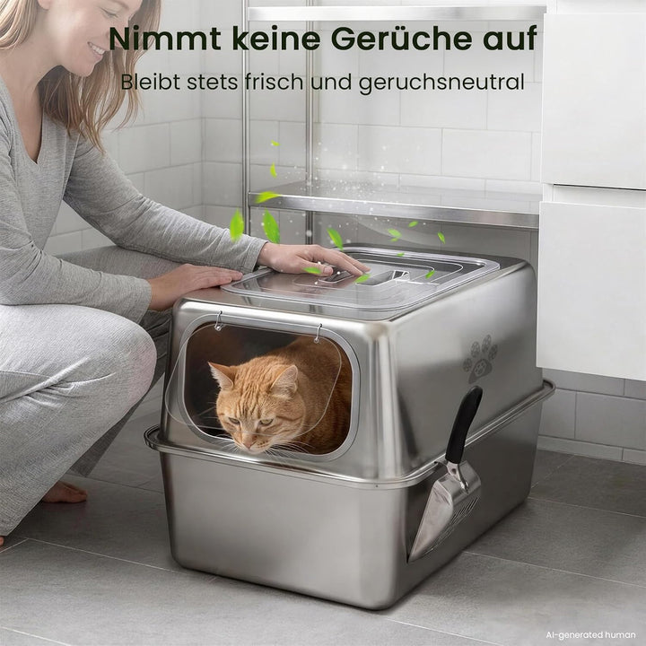 PTLOM XXL Katzenklo Edelstahl, Auslaufsicheres Katzenklo mit Deckel, grossem Metall-Streubehälter, G