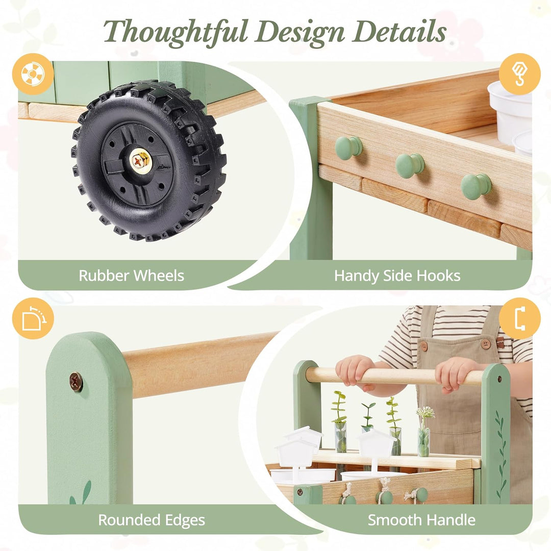 ROBOTIME Holz Gartenwagen für Kinder, Outdoor Garten-Trolley mit 4 Pflanzbechern & 4 Hydroponik-Reag