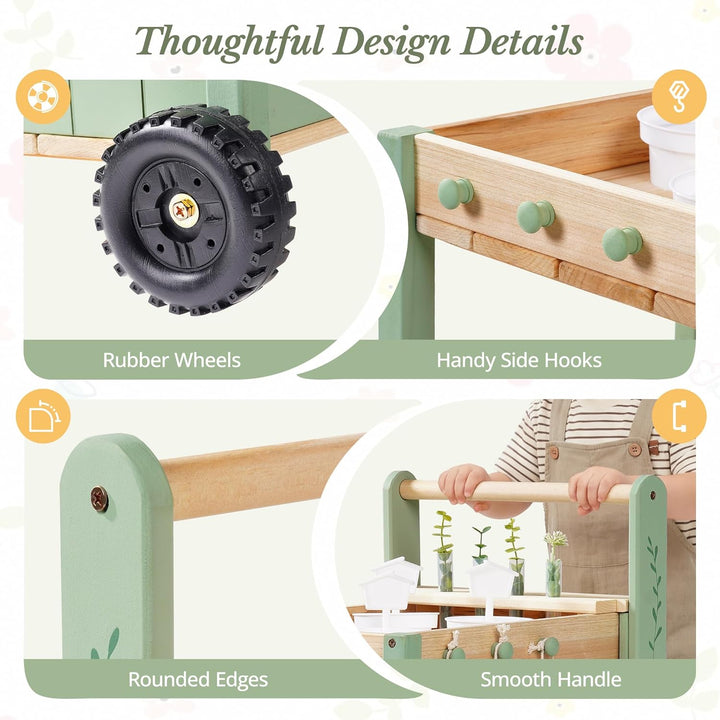 ROBUD Kinder Gartengeräte mit Holzwagen, Gartenwerkzeug mit Giesskanne, Schaufel, Handrechen, Pflanz