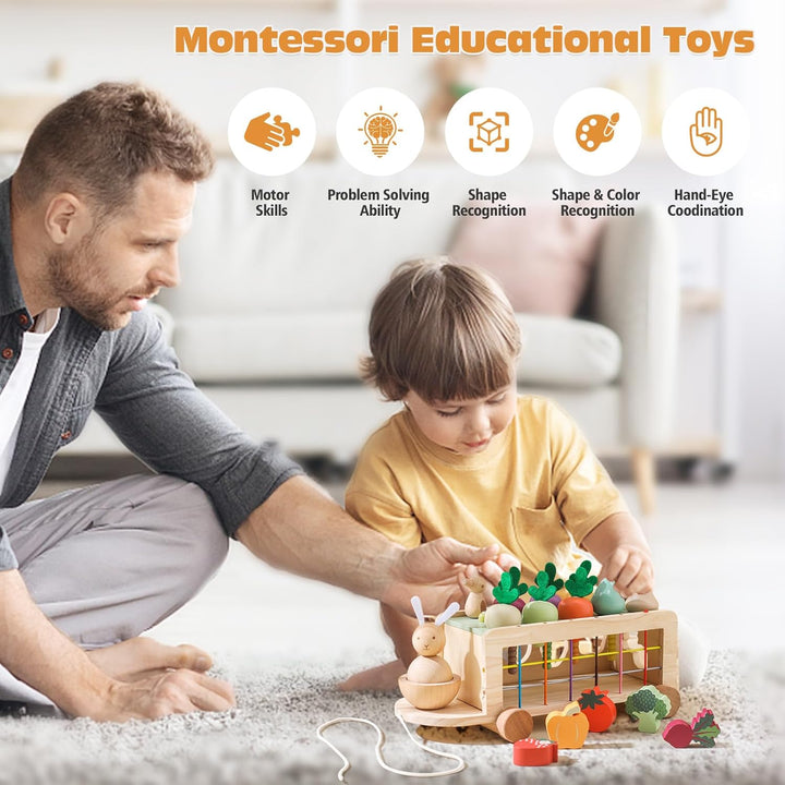WOODEN TEETHER Montessori Holzspielzeug ab 1 2 3 Jahr, Steckspiel Sortierspiel Holzpuzzle Karottener