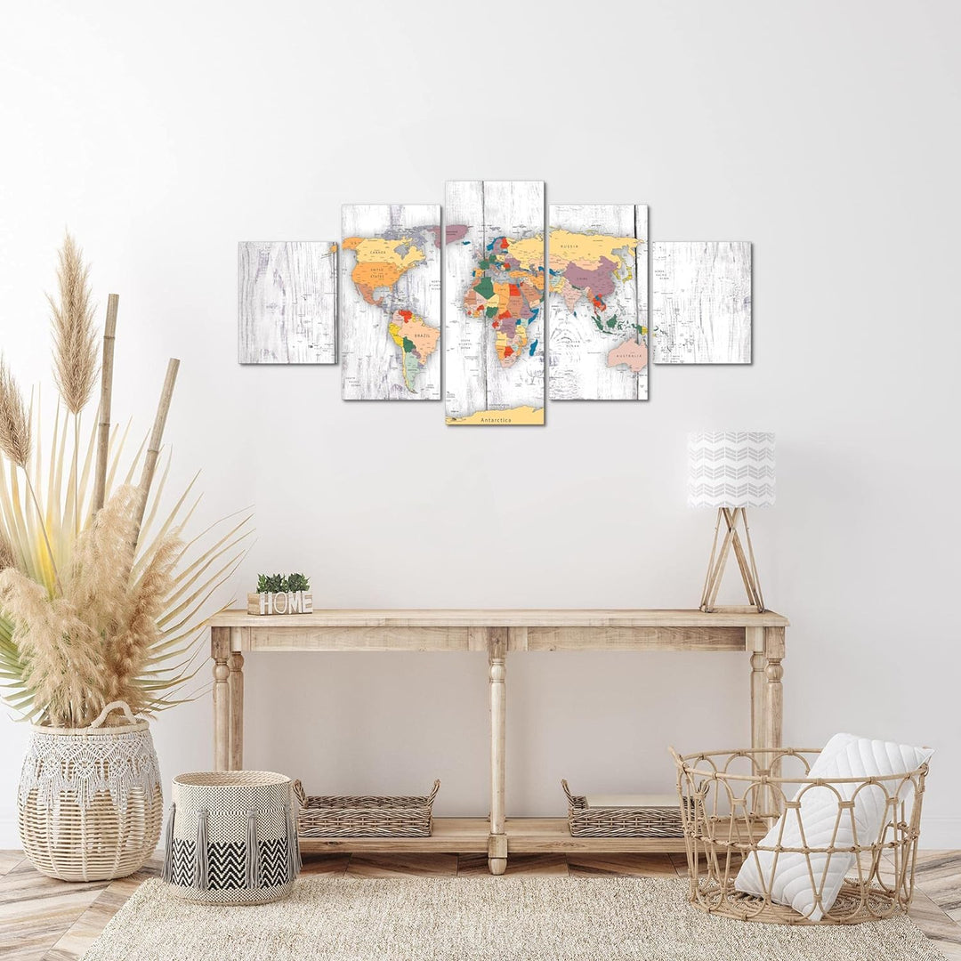 Runa Art Wandbilder Weltkarte Holz 5 Teilig Bild auf Vlies Leinwand Deko Büro Wohnzimmer Kontinente