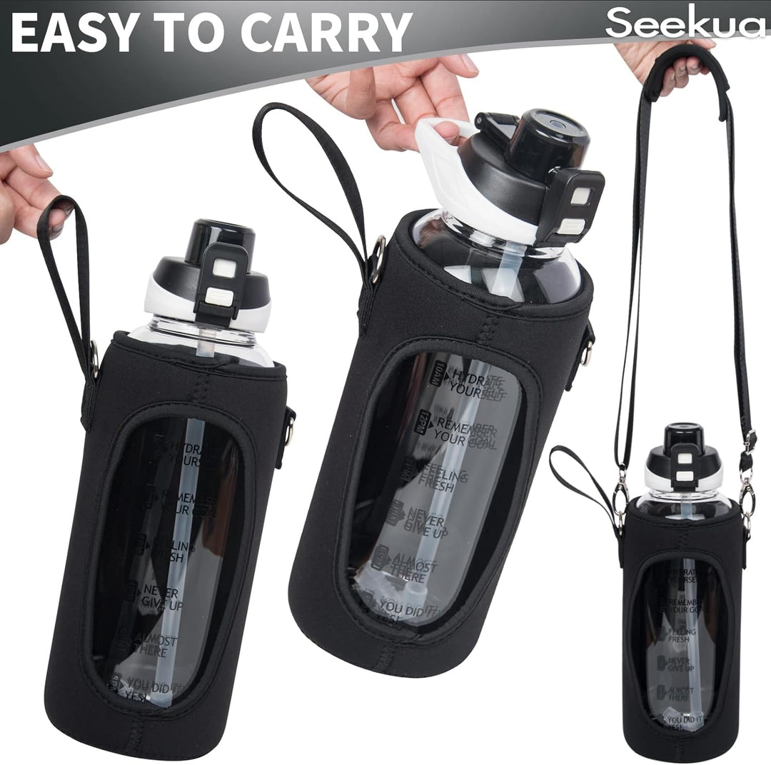 Seekua 2l Sport Trinkflasche Glas Flasche mit Strohhalm & Zeitmarkierung auslaufsicher bpa frei 2 li