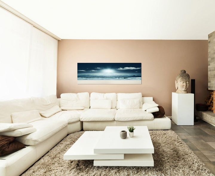 Paul Sinus Art Panoramabild auf Leinwand und Keilrahmen 150x50cm Strand Meer Wellen Licht Nacht abst