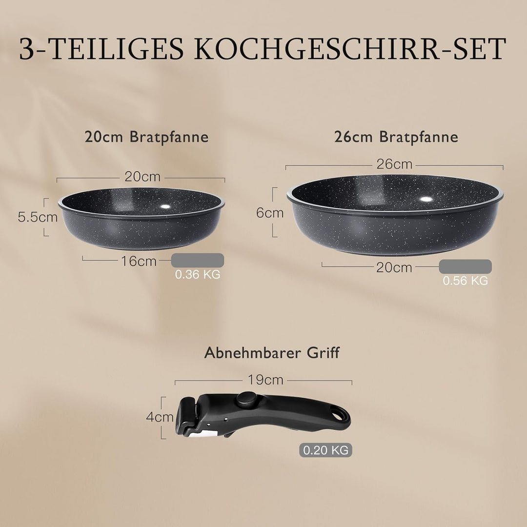 GiPP Keramik Pfannenset mit Abnehmbarer Griff, 3-Teilig Pfannen set mit Antihaft Beschichtet, Pfanne