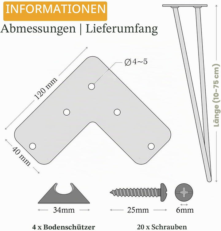 Haarnadel Tischbein 4x Hairpin Leg Möbelbein Haarnadelbeine aus Metall Tischzubehör DIY für Esstisch