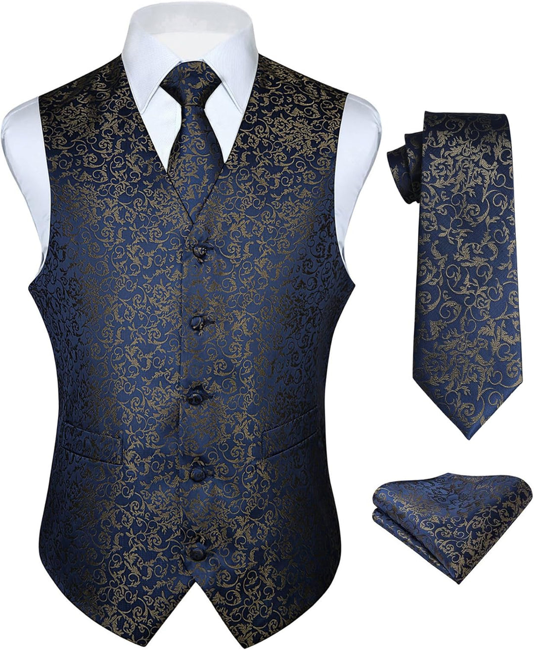 HISDERN Herren Weste Paisley Floral Jacquard Krawatte Einstecktuch Taschentuch Weste Anzug Set S Nav