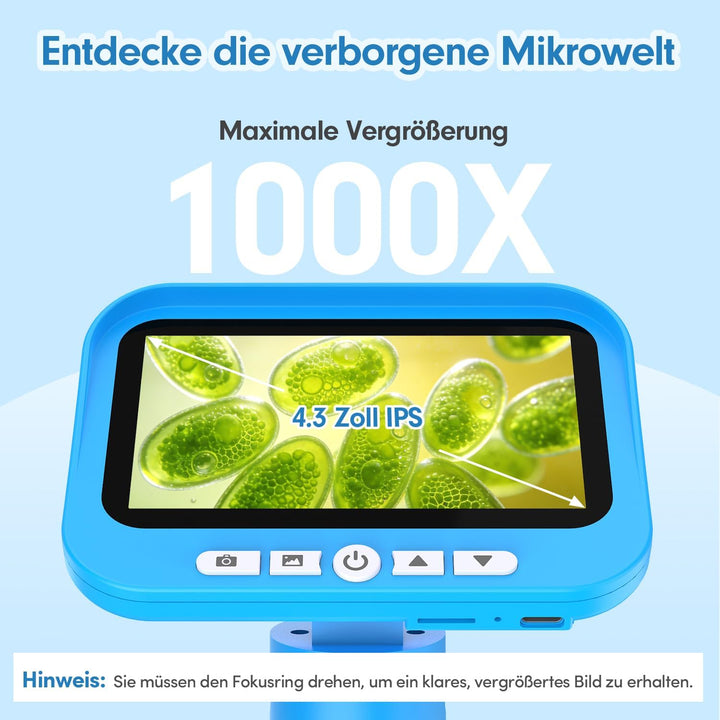 FINIBO Digitales Mikroskop für Kinder 1000X, 4,3″ grosser Bildschirm, Kindermikroskop zum Lernen & F