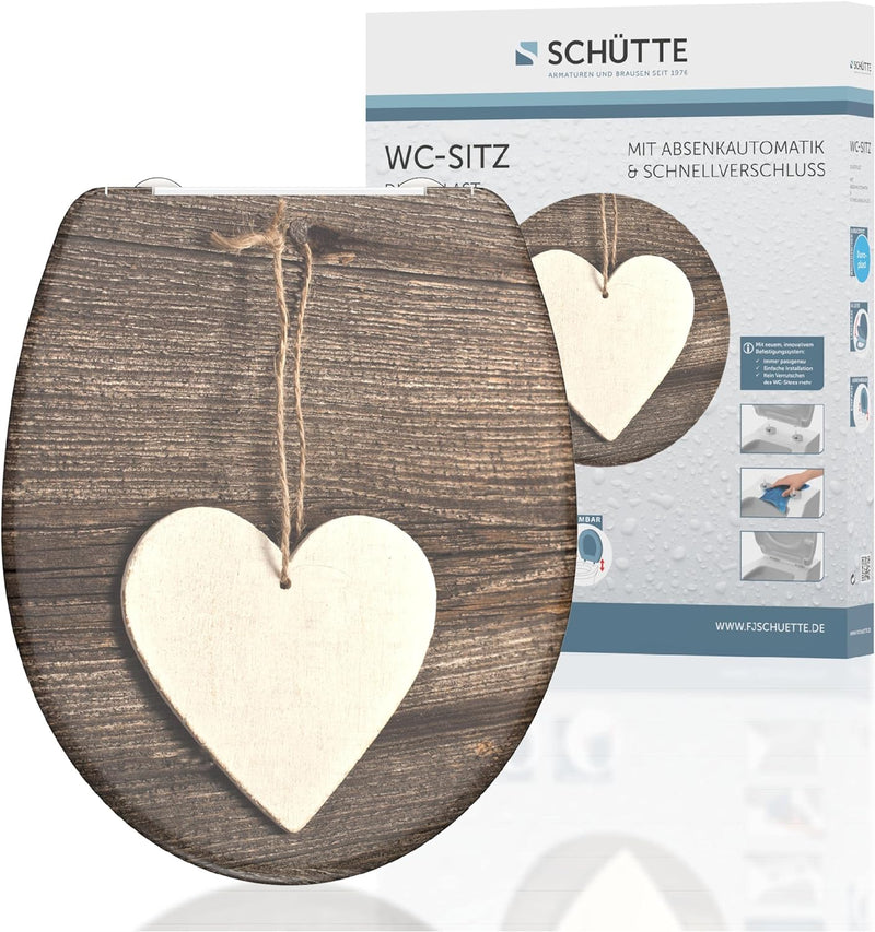 SCHÜTTE WC-Sitz Duroplast WOOD HEART, Toilettensitz mit Absenkautomatik und Schnellverschluss für di