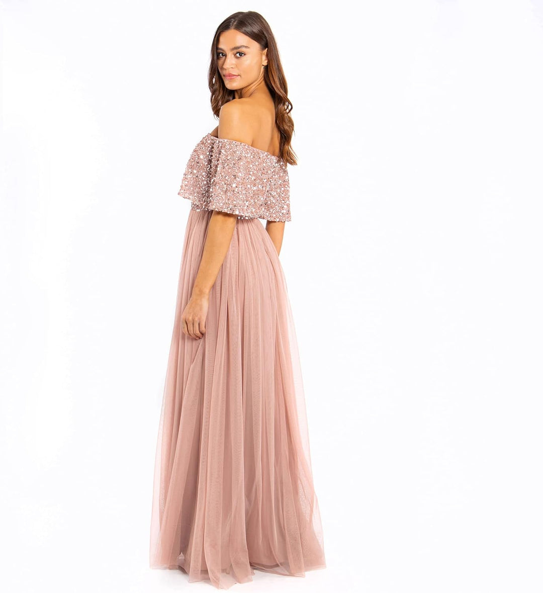 Maya Deluxe Abendkleid Damen Brautjungfernkleid Bardot Paillettenverzierung Abendkleid Elegant für H