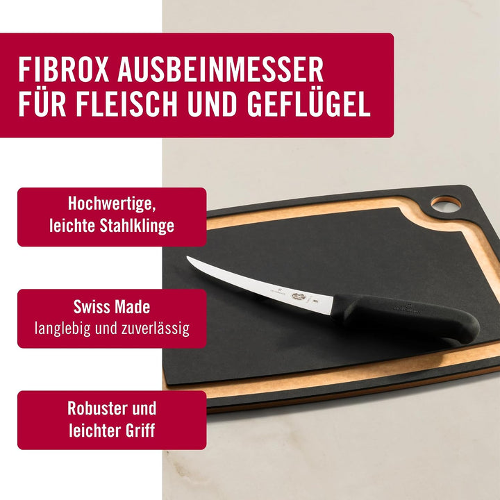Victorinox Fibrox Ausbeinmesser, Scharfes Küchenmesser für Fleisch und Geflügel, 15 cm, Gebogene Kli